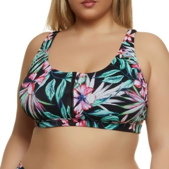 SEXY ☆ BLACK TROPICAL PRINT ☆ ZIP FRONT ☆ CAGED RIBBED BIKINI ☆ NWT - Picture 5 of 12